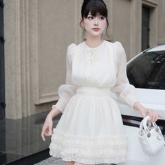 Đầm thiết kế cổ tròn tay bồng tầng hoa thiết kế cao cấp đi tiệc tay dài dáng xoè