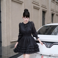 Đầm thiết kế cổ tròn tay bồng tầng hoa thiết kế cao cấp đi tiệc tay dài dáng xoè