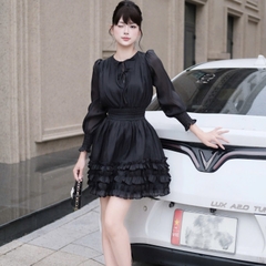 Đầm thiết kế cổ tròn tay bồng tầng hoa thiết kế cao cấp đi tiệc tay dài dáng xoè