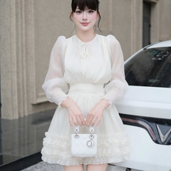 Đầm thiết kế cổ tròn tay bồng tầng hoa thiết kế cao cấp đi tiệc tay dài dáng xoè