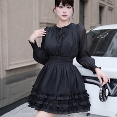 Đầm thiết kế cổ tròn tay bồng tầng hoa thiết kế cao cấp đi tiệc tay dài dáng xoè