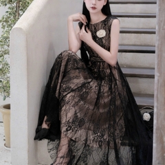 Đầm ren cao cấp đi tiệc sát nách dáng dài xoè