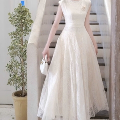 Đầm ren cao cấp đi tiệc sát nách dáng dài xoè