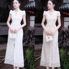 Đầm đi tiệc chất ren ôm body cao cấp thiết kế cổ V có tay