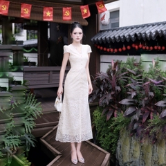 Đầm đi tiệc chất ren ôm body cao cấp thiết kế cổ V có tay