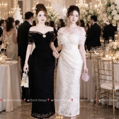 Đầm thiết kế trễ vai ren đính hoa dáng dài