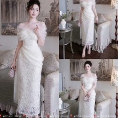Đầm thiết kế trễ vai ren đính hoa dáng dài