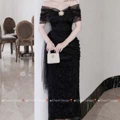 Đầm thiết kế trễ vai ren đính hoa dáng dài