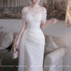 Đầm thiết kế trễ vai ren đính hoa dáng dài