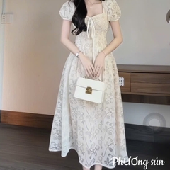 Đầm thiết kế cột nơ ngực tay phồng ren dáng dài