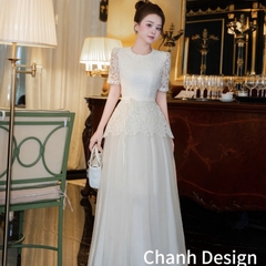 Đầm thiết kế ren cột nơ eo phối voan dáng dài