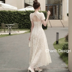 Đầm thiết kế ren cổ tròn phối nơ đen dáng dài