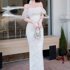 Đầm thiết kế trễ vai ren tầng cổ hoa