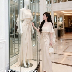 Đầm lụa xếp eo kèm áo choàng