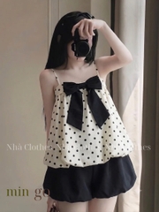 Set áo 2 dây babydoll nơ ngực kèm quần bí LS 6170