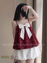 Set áo 2 dây babydoll nơ ngực kèm quần bí LS 6170