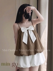 Set áo 2 dây babydoll nơ ngực kèm quần bí LS 6170