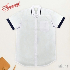 Áo Sơ Mi Trắng bé trai Phối Viền Xanh Đen Chất Vải Kate Silk Mềm Mại Dành Cho Học Sinh Cấp 1 2 big size 80kg