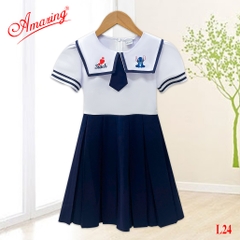 Đầm liền bé gái thêu hình xinh xắn, đồng phục học sinh, tay bồng, nhiều kiểu, có dây cột sau eo