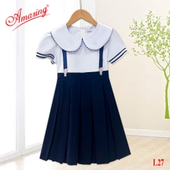 Đầm liền bé gái thêu hình xinh xắn, đồng phục học sinh, tay bồng, nhiều kiểu, có dây cột sau eo