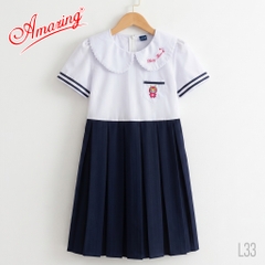 Đầm liền bé gái Amazing xinh xắn, đồng phục học sinh cấp 1 cổ sen, tay bồng, nhiều kiểu, size to đến 60kg