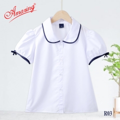 Áo sơ mi trắng cổ lá sen viền xanh cao cấp cho bé gái đến trường, vải kate silk, big size từ 25kg đến 70kg