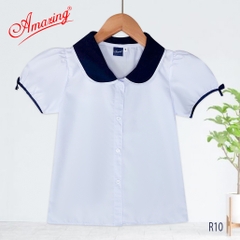 Áo sơ mi trắng cổ lá sen viền xanh cao cấp cho bé gái đến trường, vải kate silk, big size từ 25kg đến 70kg