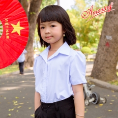 Áo sơ mi trắng tay bồng nhún cho bé gái đi học, đồng phục đến trường, vải kate silk mềm mướt, thấm hút mồ hôi, size tới 65kg
