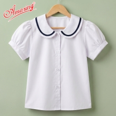 Áo trắng bé gái cổ lá sen, đồng phục đến trường, vải kate silk thấm hút mồ hôi