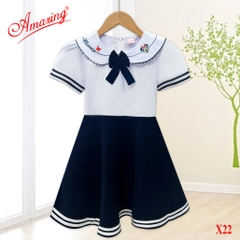 Đầm liền bé gái thêu hình xinh xắn, đồng phục học sinh, tay bồng, nhiều kiểu, có dây cột sau eo