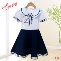 Đầm liền bé gái thêu hình xinh xắn, đồng phục học sinh, tay bồng, nhiều kiểu, có dây cột sau eo