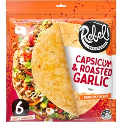 TÚI 6 BÁNH WRAP / TORTILLA Rebel Bakehouse, Spinach / Capsicum & Garlic / Wholegrain, Giàu Xơ, 378g