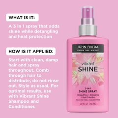 XỊT BÓNG 3 TRONG 1 John Frieda Vibrant Shine Spray, MƯỢT - GỠ RỐI - BẢO VỆ TÓC KHỎI NHIỆT, 150ml