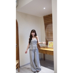 Set quần áo kẻ sọc Chililuu set áo quây nhún kèm quần suông ống rộng phong cách sang chảnh