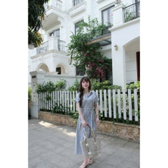 Đầm maxi nữ Chililuu váy xanh kẻ sọc trắng dáng dài kèm đai chiết eo tôn dáng phong cách thanh lịch Hàn Quốc