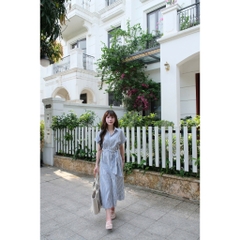 Đầm maxi nữ Chililuu váy xanh kẻ sọc trắng dáng dài kèm đai chiết eo tôn dáng phong cách thanh lịch Hàn Quốc