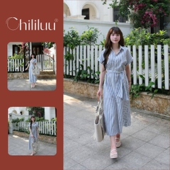 Đầm maxi nữ Chililuu váy xanh kẻ sọc trắng dáng dài kèm đai chiết eo tôn dáng phong cách thanh lịch Hàn Quốc