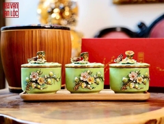 Bộ 3 hũ đựng mứt sứ hoa đắp nổi mạ vàng VIP