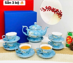 Bộ ấm chén men vân đá vẽ hoa