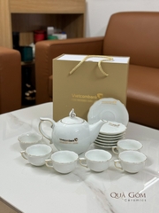 Bộ ấm chén trắng mẫu đơn viền vàng Vietcombank
