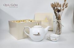 Bộ ấm chén trắng mẫu đơn viền vàng Vietcombank