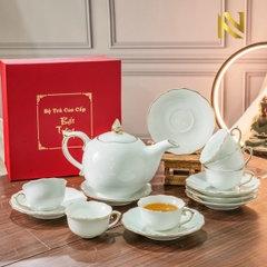 Bộ ấm chén trắng viền chỉ vàng