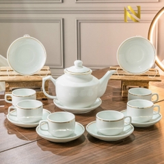 Bộ ấm chén trắng viền chỉ vàng
