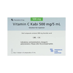Thuốc tiêm Vitamin C Kabi 500mg/5ml phòng và điều trị bệnh Scorbut (hộp 1 vỉ x 6 ống)