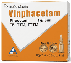 Dung dịch tiêm Vinphacetam 1g/5ml điều trị rung giật cơ vỏ não, chóng mặt (hộp 2 vỉ x 5 ống x 5 ml)