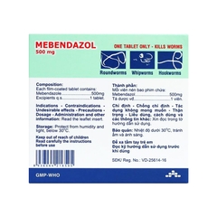 Viên nén Mebendazol Agimexpharm 500mg điều trị nhiễm giun (hộp 1 vỉ x 1 viên)