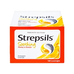 Viên ngậm Strepsils Soothing mật ong & chanh kháng khuẩn, giảm đau họng (hộp 50 gói x 2 viên)
