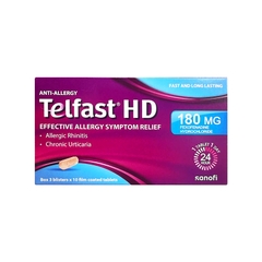 Thuốc Telfast HD 180mg giảm triệu chứng viêm mũi dị ứng, mày đay vô căn mạn tính (hộp 3 vỉ x 10 viên)