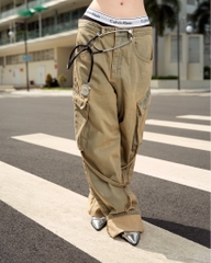 Insane® Cross Waist Cargo Denim Pants - Dirty Green