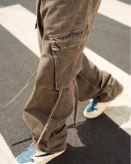 Insane® Cross Waist Cargo Denim Pants - Dirty Brown